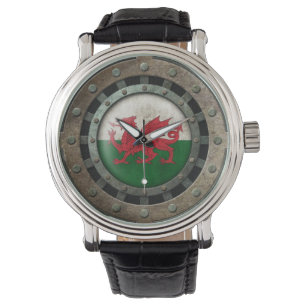 Grafisch industriestaal Welsh Flag Disk Horloge