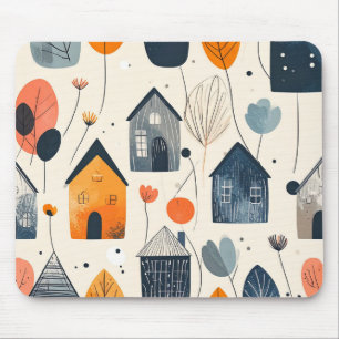 Grafisch landschap met huizen en bloemen muismat
