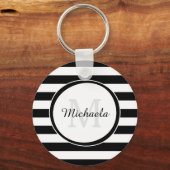 Grafisch monogram met grote zwarte en witte strepe sleutelhanger (Voorkant)