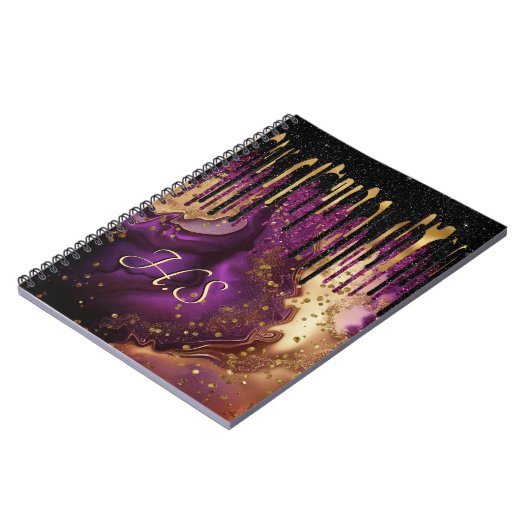 Grafisch paars en goudglitter druipt monogram notitieboek (Linkerzijde)