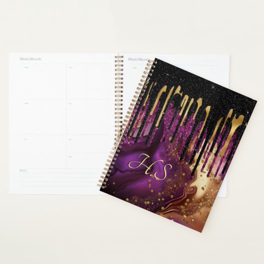 Grafisch paars en goudglitter druipt monogram planner (Display)