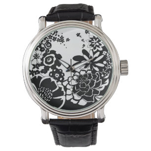 Grafisch patroon zwart-wit van Floral Garden Horloge