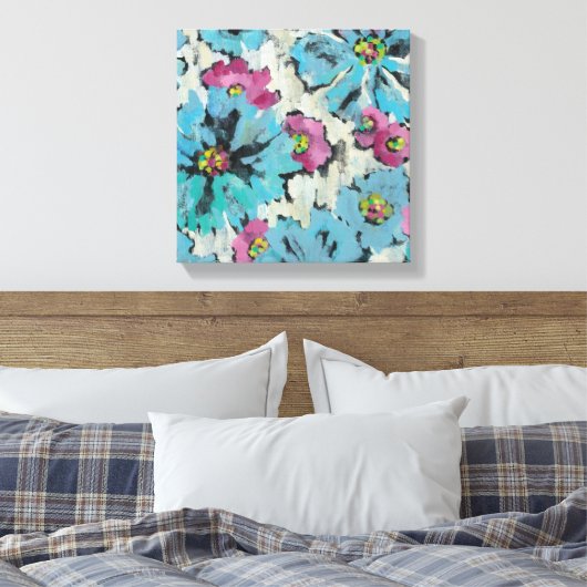 Grafisch roze en Blauwe Floral Canvas Afdruk (Insitu (Slaapkamer))