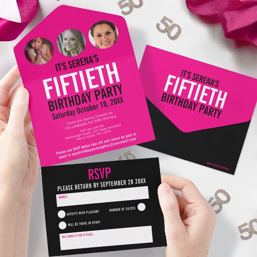 Grafisch roze zwarte fotocirkels 50e verjaardag all in one uitnodiging