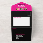 Grafisch roze zwarte fotocirkels 50e verjaardag all in one uitnodiging (Buitenkant)