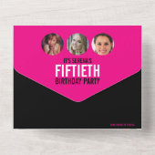 Grafisch roze zwarte fotocirkels 50e verjaardag all in one uitnodiging (Achterkant)