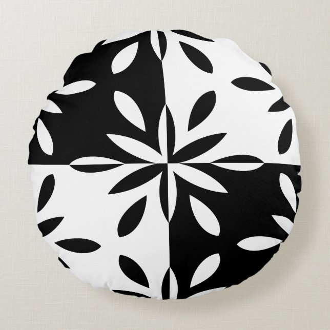 Grafisch zwart-wit en wit geometrisch ventilatorpa rond kussen (Voorkant)