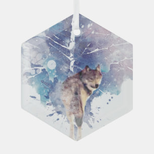 Grafische Art Wolf die terugkijkt in de Natuur van Glas Ornament