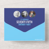 Grafische blauwe cyaan foto cirkels 75e verjaardag all in one uitnodiging (Achterkant)