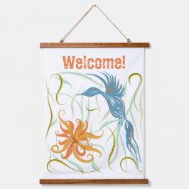 Grafische Blauwe Vogel en Paradijsvogel Hangend Wandkleed