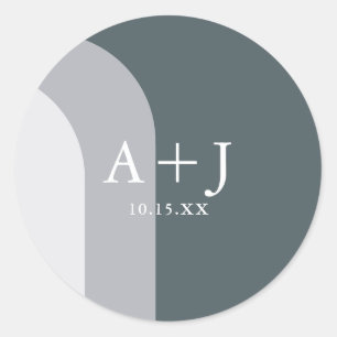 Grafische blauwe wapenmonogram en datum huwelijk ronde sticker