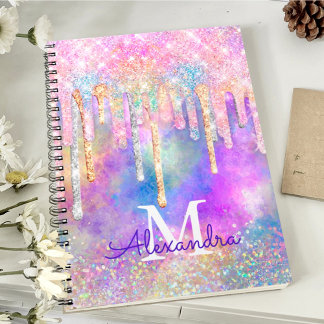 Grafische kleurige eenhoorn die glitter-monogram d notitieboek