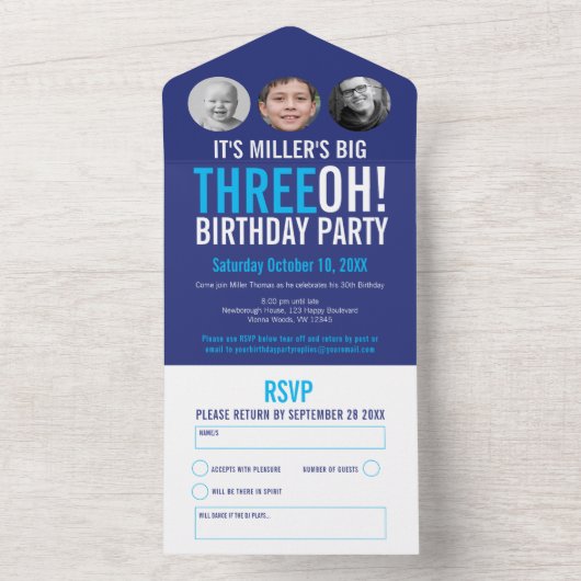 Grafische marine hemelsblauw 30e verjaardag partij all in one uitnodiging (Binnen)