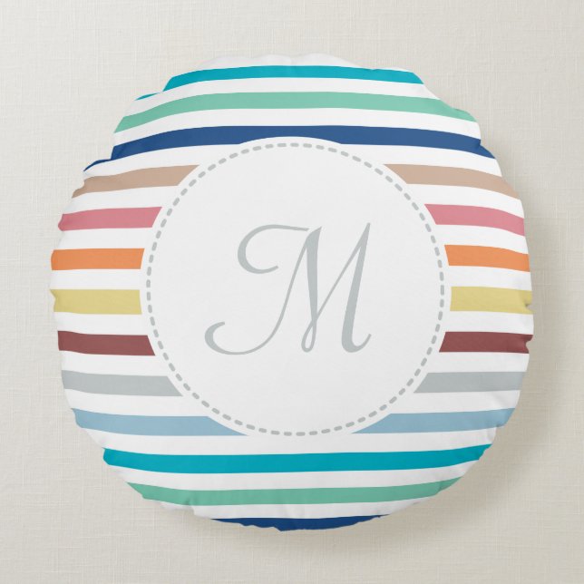 Grafische monogram Pastel Regenbooghorizontale str Rond Kussen (Voorkant)
