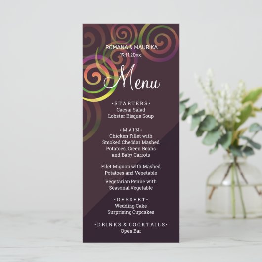 Grafische regenboogspiralen met diep Paars Menu (Staand voorkant)