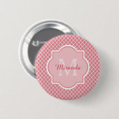 Grafische roze quatrefoliemonogram met naam ronde button 5,7 cm (Voorkant /achterkant)