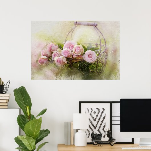  grafische Waterverf Shabby roze rozen in bas Poster (Thuiskantoor)