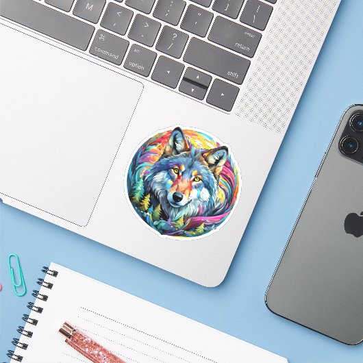 Grafische Wolf met wervelende bos Sticker (Laptop met iPhone)