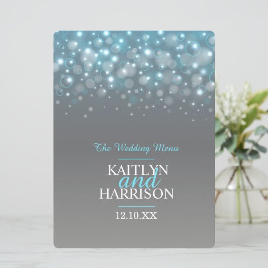 Grafische zeepbel grijs blauw trouwdiner menu (Staand voorkant)