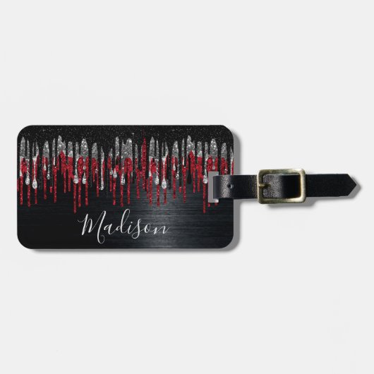 Grafische zwarte en rode zilverglitter druipt mono bagagelabel (Voorkant horizontaal)