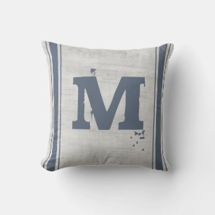 Grain Sack Blue Grey Verticale striptie Monogram M Kussen