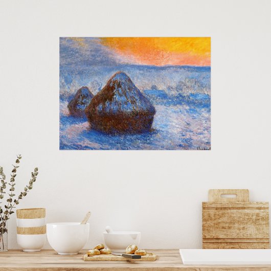 Grainstacks op zonsondergang, sneeuweffect poster (Keuken)