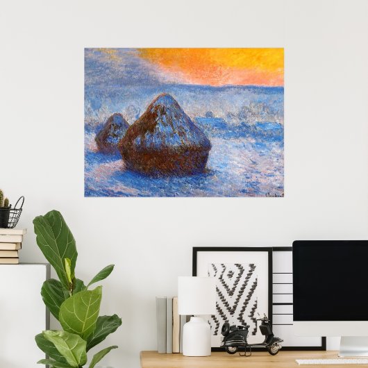 Grainstacks op zonsondergang, sneeuweffect poster (Thuiskantoor)