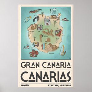 Gran Canaria Vintage Eiland Kaart Print - Handgete