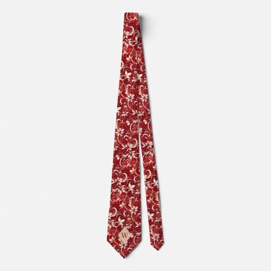 Granaat Rood en Crème Monogram Stropdas (Voorkant)