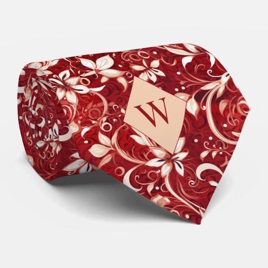 Granaat Rood en Crème Monogram Stropdas (Opgerold)