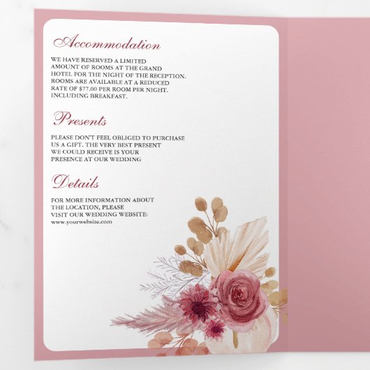 Granaatappel Roze Bloemen Pampas QR Code Bruiloft Drieluik Uitnodiging (Binnenzijde eerst)