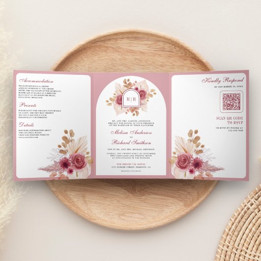 Granaatappel Roze Bloemen Pampas QR Code Bruiloft Drieluik Uitnodiging