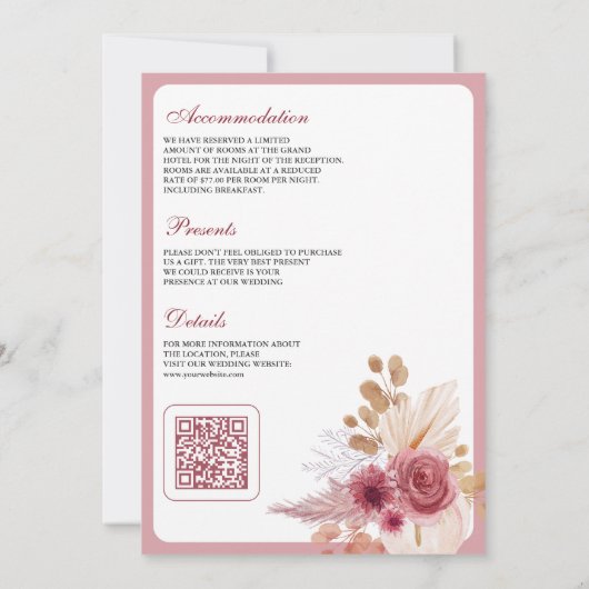 Granaatappel Roze Bloemen Pampas QR Code Bruiloft Kaart (Achterkant)
