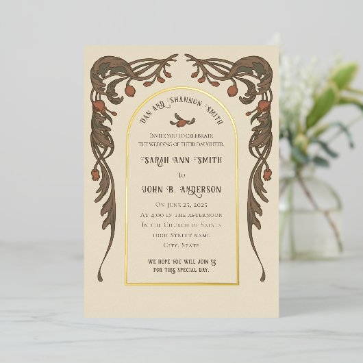 granaatappel uitnodiging, gouden boog folie uitnodiging (Staand Voorkant)