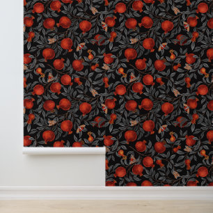 Granaatappels en Bella Moths in rood en grijs Behang