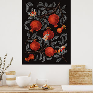 Granaatappels en Bella-motten in rood en grijs Poster