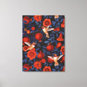 Granaatappels en kolibries / blauwe bladeren op zw canvas afdruk (Voorkant)