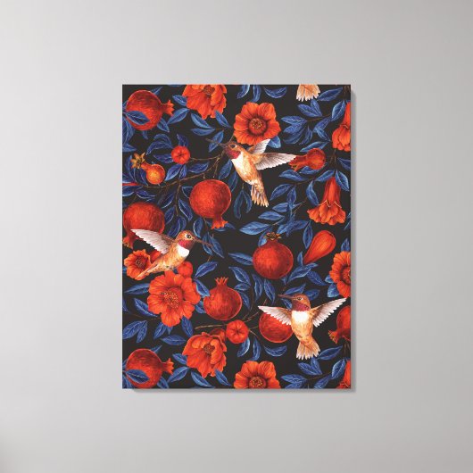 Granaatappels en kolibries / blauwe bladeren op zw canvas afdruk (Voorkant)