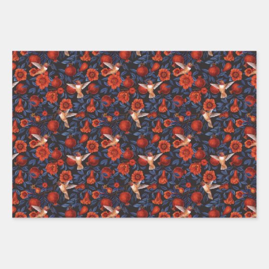 Granaatappels en kolibries / blauwe bladeren op zw inpakpapier vel (Voorkant 2)