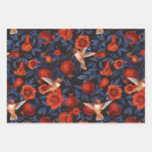 Granaatappels en kolibries / blauwe bladeren op zw inpakpapier vel (Voorkant)