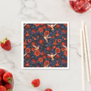 Granaatappels en kolibries / blauwe bladeren op zw servet