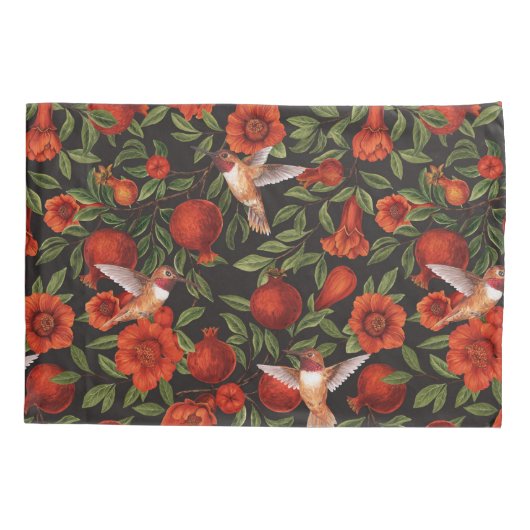 Granaatappels en kolibries / groene bladeren op zw kussensloop (Achterkant-Links)