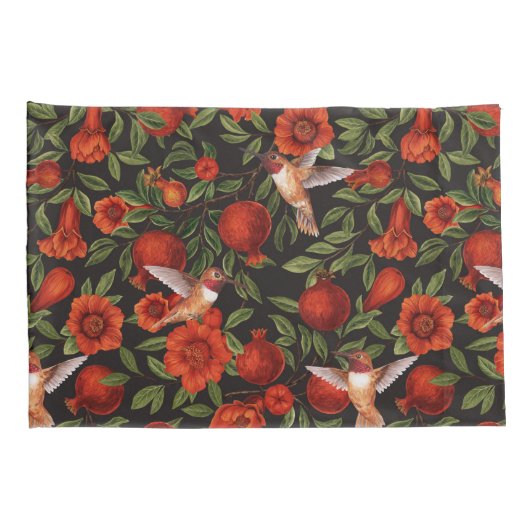 Granaatappels en kolibries / groene bladeren op zw kussensloop (Achterkant-Rechts)