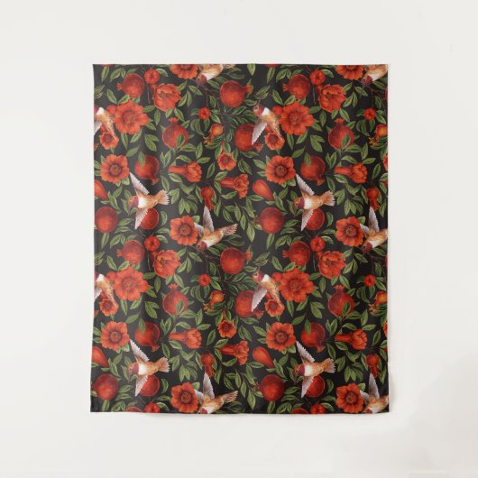 Granaatappels en kolibries / groene bladeren op zw wandkleed (Voorkant)