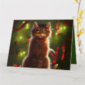 Grand Chat Et Carte De Voeux D'Arbre De Noël (Fleur jaune)
