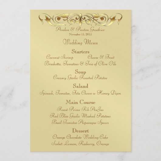 Grand Duchess Gold Metal Scroll Wedding Menu (Voorkant)