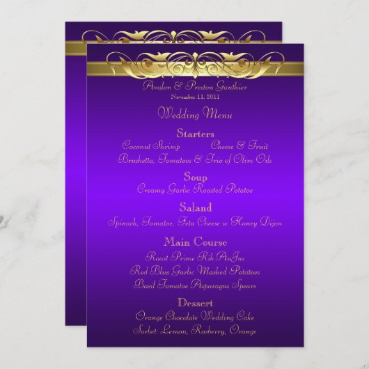 Grand Duchess Paars Scroll Wedding Menu (Voorkant / Achterkant)