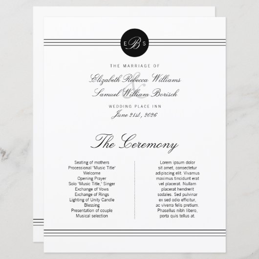Grand Élégant Noir Blanc Monogramme Programme de m (Devant / Derrière)