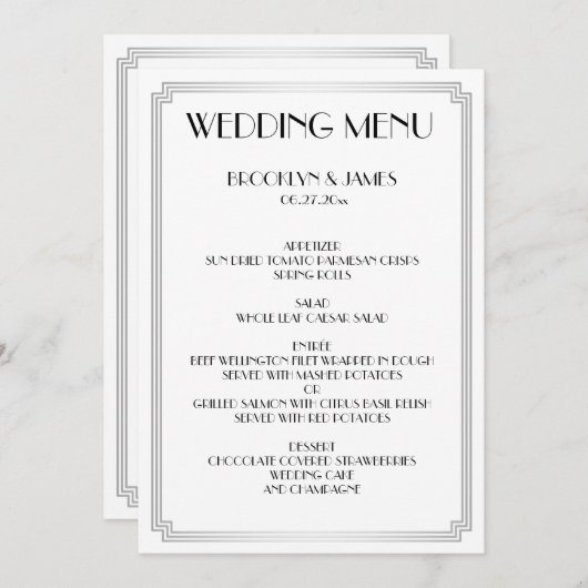 Grand Gatsby Art Déco Blanc Argent Mariage Menu (Devant / Derrière)
