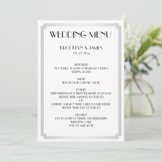 Grand Gatsby Art Déco Blanc Argent Mariage Menu (Debout devant)